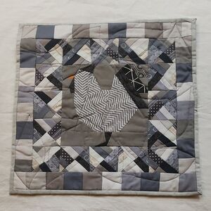 Gray Patchwork Art Quilt with Chicken Design 14"x13.75" Handmade Paper Pieced